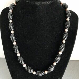 Vintage Handmade Black Onyx Twist Beads Mauve Pink Freshwater Pearls Sterling